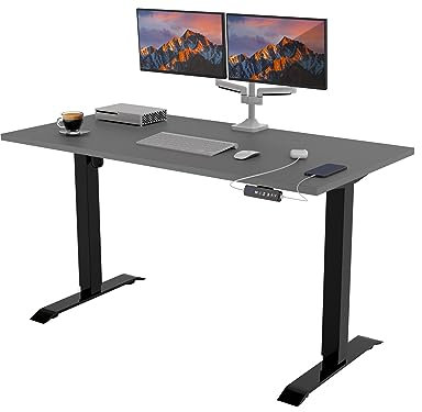 POKAR Höj- och Sänkbart Skrivbord Elektriskt 140x60 cm | Massiv 25mm Bordsskiva | Touch-Panel med USB-C och USB-A | Stående Skrivbord för Hemmakontor | Stativ Svart, Skiva Mörkgrå