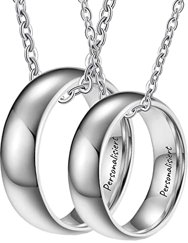 KnSam Paar Ketten 2 Stück, Wolfram Anhänger Ringe 8mm Poliert Paare Ketten Silber, Herrenkette 60cm, Damenkette 50cm, Größe 54 & 62