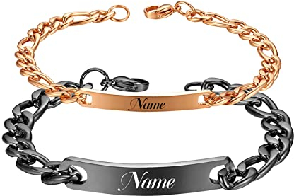 Cupimatch Paar Armband mit Gravur, Personalisierte Edelstahl Glänzend Poliert Pärchen Armkette Figaro Kette für verliebte Damen Herren zu Weihnachten Jubiläum Hochzeit Geburtstag Valentinstag