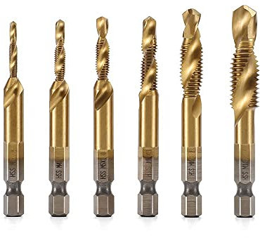 6PCS 1/4 Hex Shank Titanium Drill Tap Combination Bit Set, Metric Thread M3 M4 M5 M6 M8 M10 Screw Taps, 3-in-1 Taps Tool for Drilling, Tapping and Countersinking