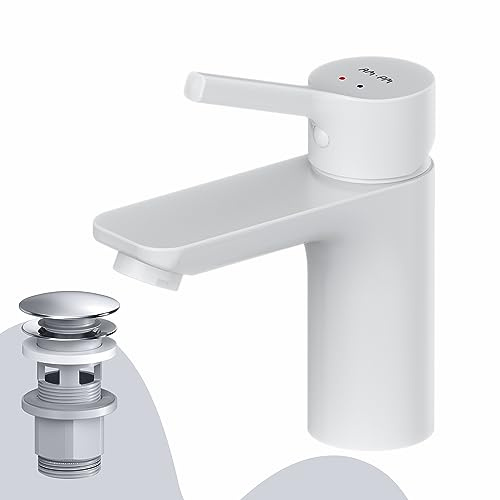 Waschtischarmatur Weiß Matt mit Klick-Ablaufgarnitur, Einhebel-Waschtischmischer Kurzer Auslauf 79mm, Mischbatterie Pop-Up Ventil, Einhebelmischer mit Ablaufgarnitur Waschbecken AM.PM X-Joy S FXB82133