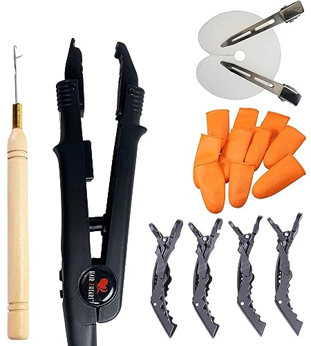 hair2heart Starter Set für Bonding Extensions - Profi-Wärmezange, Fingerschutz, Abteilklammer, Schablone & Einfädler