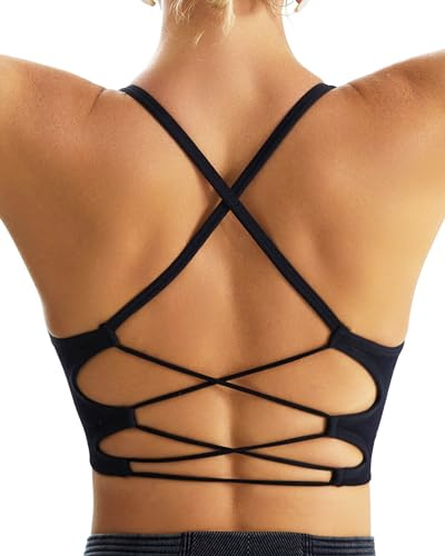 RUNNING GIRL Black Sports Bras for Women,Sexy Crisscross Back Seamless Backless Sports Bra Medium Support with Removable Pads(2935Black_M)