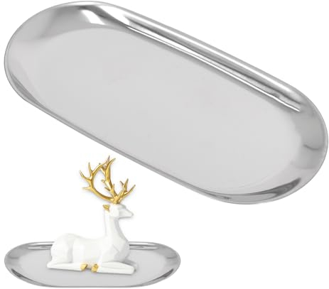DecorDwell Vassoio ovale, 18 x 8,5 cm, argento, acciaio inossidabile, ovale, decorazione, vassoio per candele, vassoio da portata per dessert cosmetici, candele