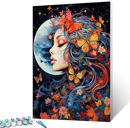 Tucocoo Beautifu Girl Portrait Malen nach Zahlen für Erwachsene, DIY Digitales Ölgemälde-Kits auf Leinwand mit Pinseln und Acrylpigment, Schmetterling Frau Kunstwerk für Wohnkultur Geschenke