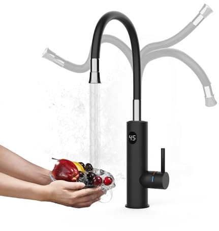Wasserhahn mit Durchlauferhitzer Küche, 3200W Elektrischer Wasserhähne Sofort Heißes Küchenarmatur mit Flexibler Auslauf und LCD Temperaturanzeige, 360º Drehung Schnellheizungshahn Armatur, Schwarz