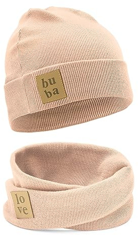 Bubalove Kindermütze Herbst/Winter + Schornstein Set für Mädchen, Jungen, Baby Mütze, Handmade Kopfbedeckung, DIY Schal und Mützenset für Kinder, beige 2-4 Jahre