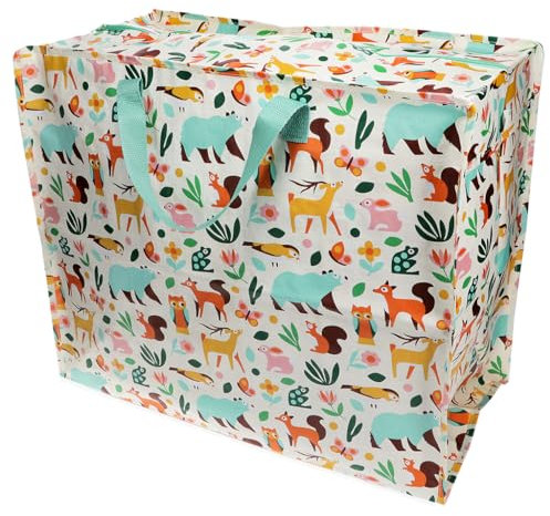 Rex London Sac géant XXL, sac de rangement avec fermeture éclair, motif multicolore (forêt/animaux de la forêt)