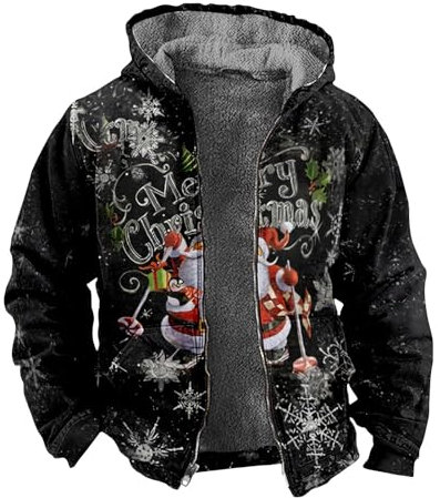 Azruma Bomberjacke Herren Jagdjacke Herren Winter Herren Weste Warm Weihnachten Drucken Fleece Gefüttert Jacke Mit Reißverschluss Dufflecoats Herren Daunenjacke Mit Fellkapuze (1-Black,3XL)