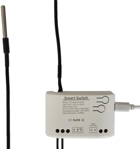 Interruttore intelligente con monitoraggio della temperatura, Sensore del regolatore di temperatura WIFI,contatto secco controller termostato compatibile con Alexa Google Home,10A 7-32V (TYTHB1+DS)