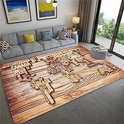3D Weltkarte Mit Holzmaserung Kinder Jungen Teppich Dekoration Schlafzimmer Kinderzimmer Wohnzimmer,Modern rutschfest Waschbar Flanell Kinderteppiche 60 X 120 cm -9U7L
