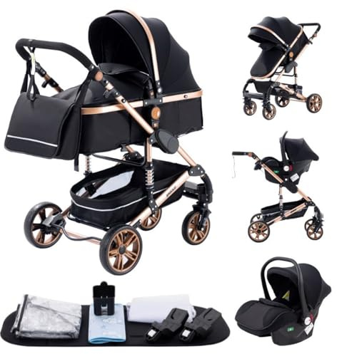 GLOKID Carrito bebé 3 en 1, Carro, Carrito bebé 3 Piezas, Silla Paseo, Sistema de viaje, Plegable, neumáticos de caucho, Con accesorios, Góndola, Adaptateurs, 25 kg (739 Oro nero)…