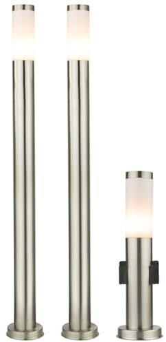 etc-shop Außenleuchte Stehlampe mit Steckdosen Außensteckdosen Sockelleuchte Stehlampe Edelstahl, 2x Stehleuchte 1x Steckdosenlampe, E27 Fassung, 3er Set