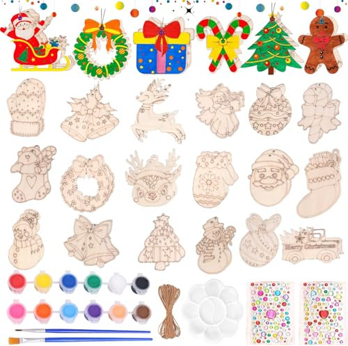 YeahBoom 52 Stück Weihnachten Basteln Holz, Holzanhänger zum Bemalen, DIY Weihnachtsdekoration, Basteln für Kinder, Farbiger Pinsel, für Malen Dekoration