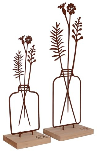 UNUS Aufsteller Blumenvase 2er Set, 23,5 cm und 31,5 cm hoch, in Rost | Metallaufsteller mit Bambussockel, Frühlingsdeko für Fenster, Tisch oder Regal