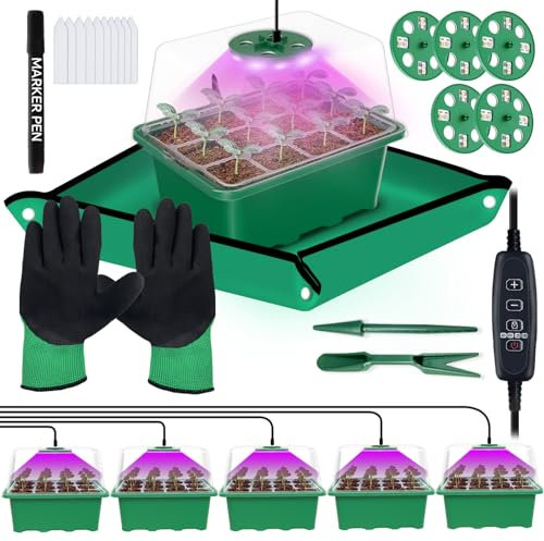 Framokoko 5-Pack Seed Starter Tray with Grow Light, 60 Cells Seed Starter Kit with Adjustable Brightness Timing Controller, Mini Greenhouse Germination Kit for Seeds Starting (Value Pack)