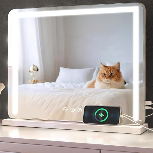 baklon Espejo de Maquillaje con iluminación, Espejo de Hollywood con luz LED, Regulable, Espejo de Maquillaje, 3 Modos, 58 x 43 cm, Espejo de Mesa con USB 10 aumentos, para Dormitorio y tocador