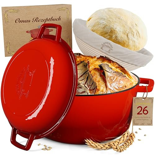 SCHMORGOLD Brotbackform 26cm inkl. Gärkorb - Gusseisen Topf zum Brot Backen - emaille Topf - Schmortopf Gusseisen - Brottopf grifflos - Brot Backen Zubehör