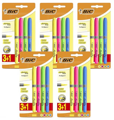 BIC Grip Highlighter Set Multicolours Highlighters Pens with Water-Based Ink Highlighters for Vibrant Colour Note-Taking & Document Marking Ideal for Office and School Use (Pack of 5 (20 Count))