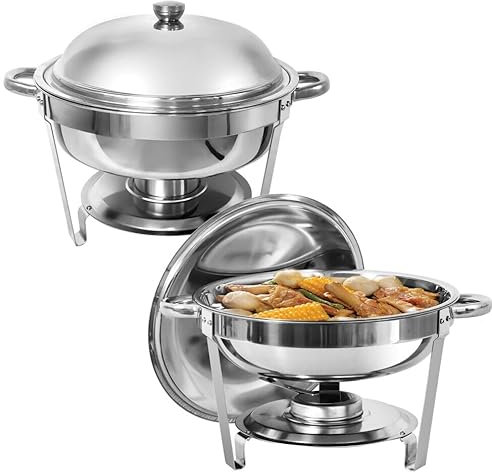 8.5 Litre Stainless Steel Chafing Dish Set - Serving, Occasion | Handles, With Steel Lid | Round Food Warmer Buffet Server - For Weddings, Parties, Catering, Buffet - Includes Fuel Holder