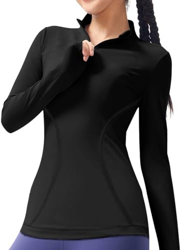 Lancry Long Sleeve 1/4 Zip Gym Top for Women With Thumb Holes - Running Jacket Define Shirt (M, Black)