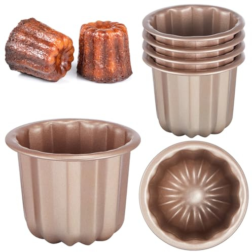 Blushtier 6 Pcs Canele Mold Cake Pan Non Stick small Copper Color Canele Molds Muffin Bakeware Cupcake Pan 2.8 Inch Carbon Steel Pastry Mould Mini Cupcake Holders DIY Cake Muffin Oven Baking Tool