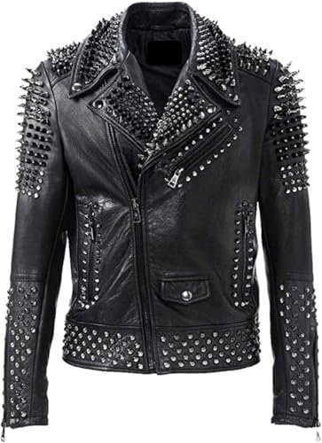 PROMENADE CHIC Rock Punk Nieten Spike Brando Biker Lederjacke, Schwarz - Echtleder, 4XL