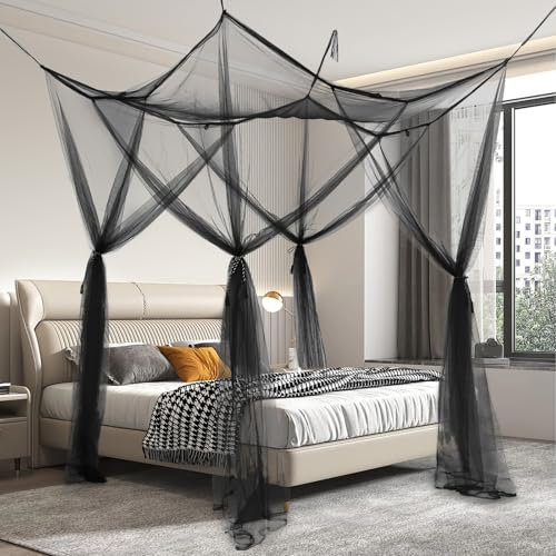 ABCDipper Mosquitera para Cama con Dosel Cortina de Red Negra con Cuatro Carteles Marco para Cama Doble para Niñas Niños y Adultos