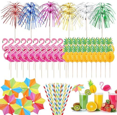 Cocktail Accessories for Drinks – 100PCS Cocktail Decorations Set with Cocktail Umbrellas, Reusable Cocktail Paper Straws, Bamboo Sticks for Party Drinks, Tiki Bar, Summer Beach & Poolside