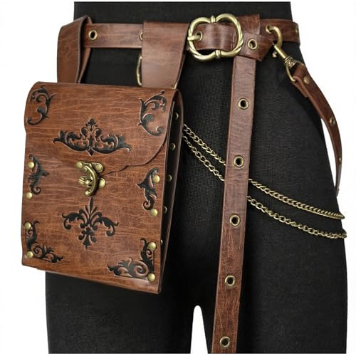 HiiFeuer 2 teiliges Mittelalter Gürtel Set aus Kunstleder，Vintage Renaissance Gürteltasche mit abnehmbaren Ketten,schmaler Damengürtel für Kleider & LARP