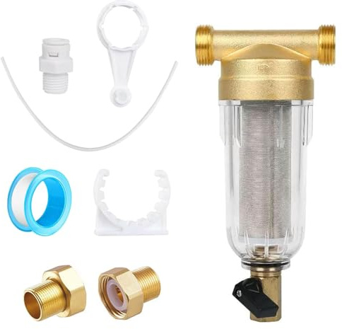Forhandy Ausspülbarer Feinfilter Wiederverwendbare Wasser Vorfilter | mit Adapter Wasserfilter 1“&G1/2”MNPT+G1/2”FNPT Sedimentfilter für Brunnenwasserschlauch Filterkombination