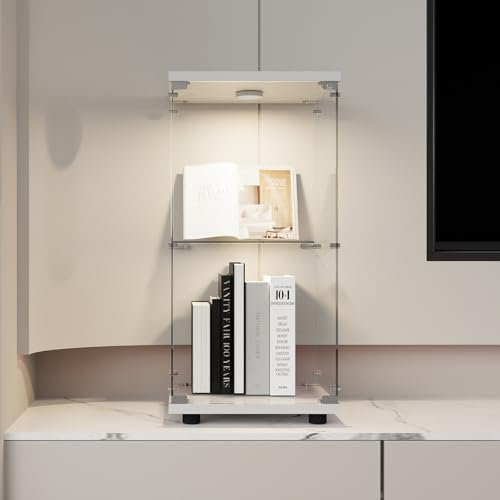 DAHUEN Glasvitrine Standvitrine(86X40X37CM) mit LED-Beleuchtung Und Schloss, 2 Lagen Glas Vitrine Sammlervitrine Vitrinenschrank, für Bar, Wohnzimmer, Schlafzimmer, Büro (Weiß)