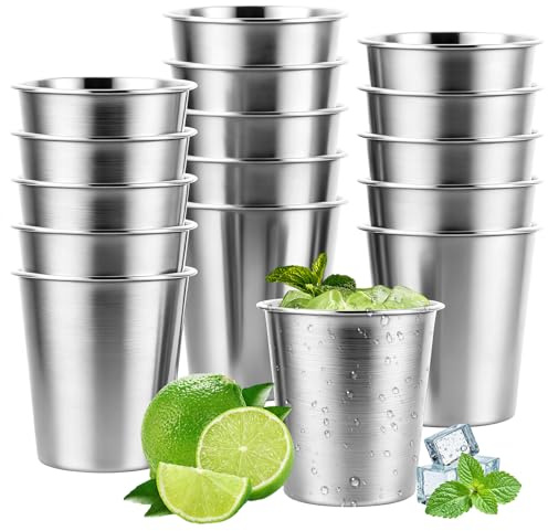 LOPYXBR 15 Stück Edelstahl Becher 260ml Edelstahlbecher, Silber Camping Becher, Metallbecher Ohne Griff, Edelstahl Tasse für Zuhause, Restaurant, Party, Camping
