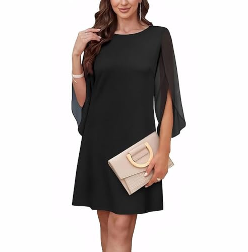 XFSRG Vestito Donna Chiffon Elegante a Manica 3/4 Scollo Rotondo Elegante Casual Abiti per Cocktail Party(Nero/XL)