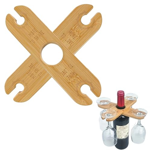 Amllaing 2 Stück Weinglashalter zum Umhängen aus Holz, Weinflaschenhalter | Tragbarer, für 4 Gläser und 1 Weinflasche, Garten Picknick Zubehör Weinliebhaber Geschenke, für Küche Bar Picknick