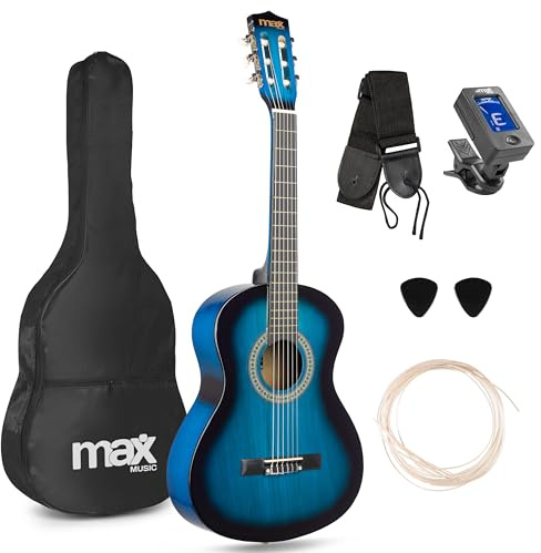 MAX SoloArt Junior guitarra acústica clásica infantil 3/4 para principiantes de 8 a 12 años, cuerdas de nailon, madera de tilo, set con funda, afinador, correa, púas y cuerdas extra
