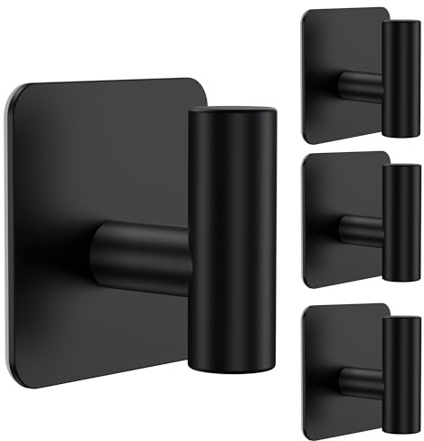 Aikzik Large Self Adhesive Hooks - 26lb Max, Stick on Hooks Heavy Duty Stainless Steel, Strong Sticky Hooks for Hanging Coats, Bathrobes and Towels, Tea Towel Holder for Door or on Wall, Black(4 Pack)