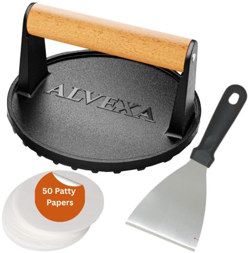 Alvexa™ Cast Iron Smash Burger Press Kit, 6.85 Heavy-Duty Burger Smasher with Wood Handle, 2 lb Grill Bacon & Meat Press, 304 Stainless Steel Spatula & 50 Patty Papers, Round Grooved