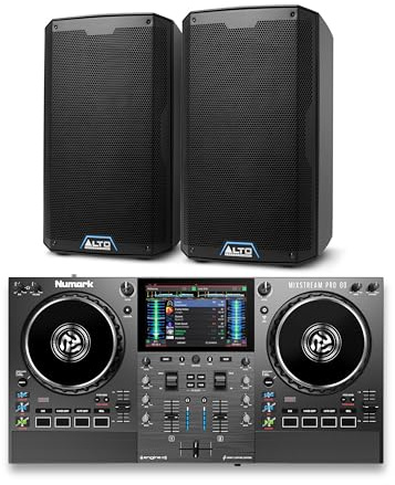 Numark Mixstream Pro Go DJ Controller and ALTO TS412 Powered PA Speakers Pair for Live Music, DJ sets, Events, Music production