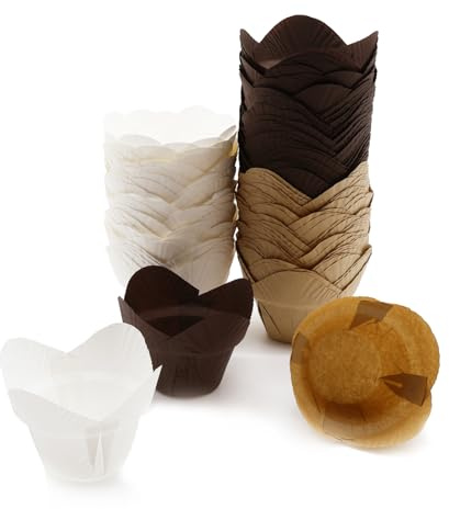 150PCS Lotus Muffin Cases- Thicker Parchment Cupcake Cases for Baking, Cupcakes Wrapper Muffin Paper, Parchment Baking Cups for Parties, Wedding, Birthday, Christmas, Holiday, 3 Colours