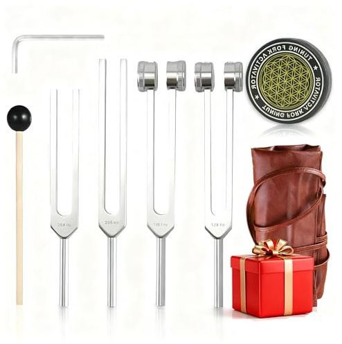Heilende Stimmgabel Set, 128 Hz 256 Hz 384 Hz 136.1 Hz Klangstab Timmgabel | Therapie Heilinstrument mit Aufbewahrungstasche für Chakraanpassung Klangheilung Meditation Yoga Geist und Seele