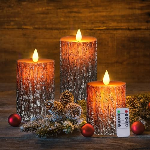 Syzplnwy Set mit 3 flammenlosen LED-Kerzen, realistische Kiefernrinde-Textur mit flackerndem, beweglichem Docht, batteriebetrieben, 4/5/6 Zoll Stumpenkerzen für Halloween, Weihnachten, Zuhause