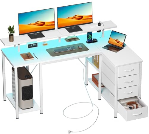 Rolanstar Schreibtisch mit 4 Schubladen & 3 Ablagen, Computertisch mit Steckdosen & LED Beleuchtung, Gaming Schreibtisch L Form für Schlafzimmer, Wohnzimmer, Homeoffice, Büro (Weiß, 120 cm)