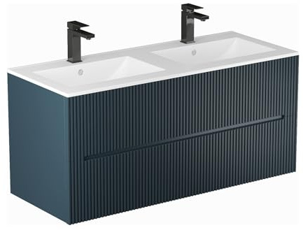 Vente-unique-Mobile per bagno sospeso scanalato con lavabo da incasso e rubinetto 120 cm Blu - PAVANI