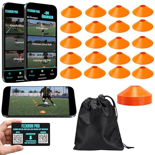 Conos Entrenamiento Futbol – Incluye 20 Conos de Alta Durabilidad + App de Entrenamiento con Videos Interactivos y Rutinas Progresivas para Todos los Niveles y Bolsa de Transporte Reforzada.