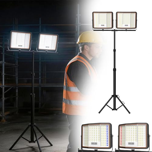 UISEBRT Lot de 2 projecteurs de chantier LED 200 W avec trépied et câble de type C de 2 m, rotatif à 360 °, 3 modes d'éclairage, hauteur réglable de 113 à 178 cm, blanc froid, étanche IP66, pour