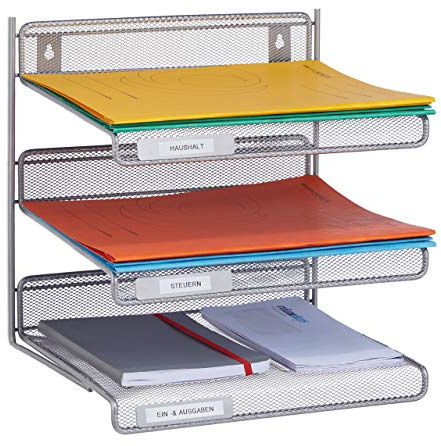 Relaxdays Dokumentenablage, Metall, Wandmontage & Hinstellen, Briefablage DIN A4, Büroablage HBT: 32x33x25 cm, Silber