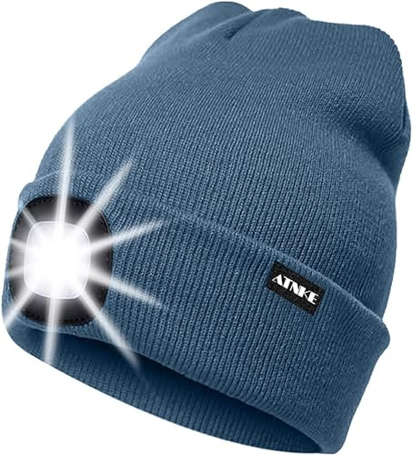 ATNKE LED Beleuchtete Mütze,Wiederaufladbare USB Laufmütze mit Licht Extrem Heller 4 LED Lampe Winter Warme Stirnlampe für Herren und Damen Geschenke