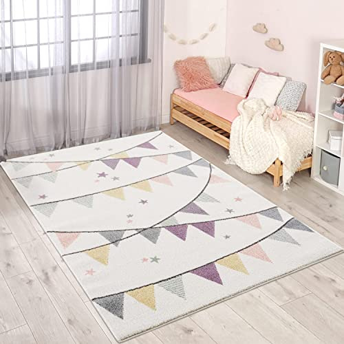 carpet city Kinderteppich Kinderzimmer Creme Lila - 140x200 cm - Wimpel-Motiv - Kinderzimmerteppiche Mädchen - Babyzimmer-Teppich - Spielteppich
