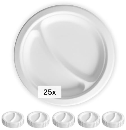 LINARIO® Einweg Grillteller - 22,5cm mit Unterteilung - Nachhaltige Teller für Gartenparty, Camping und Grillen - biologisch abbaubar aus Zuckerrohr - 25 Stück